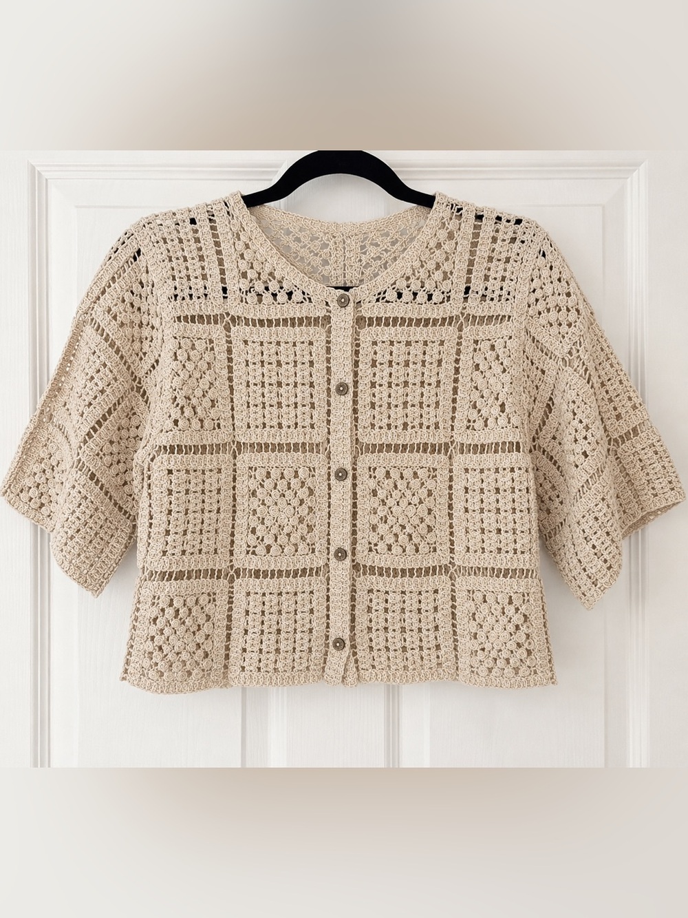 LIV Los Angeles 100% Cotton Crochet Cardigan Boho Open Knit Sweater Large